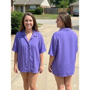 Vintage Orare Purple Pleated Button Up Shirt Short Sleeve Blouse Plus Size 44